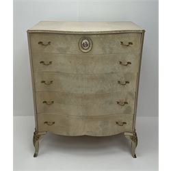 French style painted serpentine chest, moulded edging, five drawers, the top featuring a Limoges style porcelain plaque centrepiece, cabriole supports