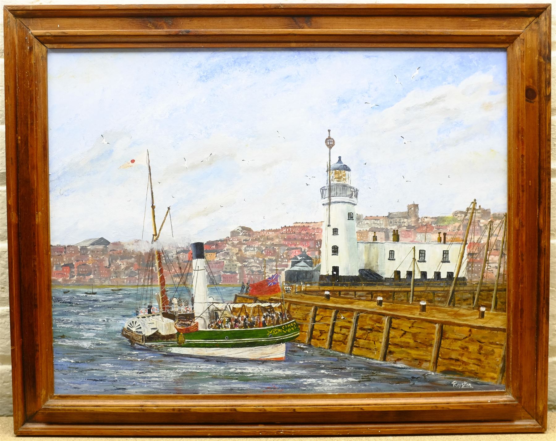 Colin Russell (British 1932-2009): Fishing Boats returning to Whitby Harbour, oil on canvas signed 44cm x 60cm; Roy (Royston) Buckley (British 20th century): 'Scarborough Pierhead 1890', acrylic on board signed 46cm x 62cm (2)