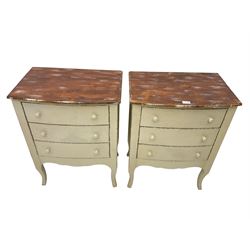 Pair cream painted bedside chests, fitted with three drawers over shaped apron, on cabriole supports