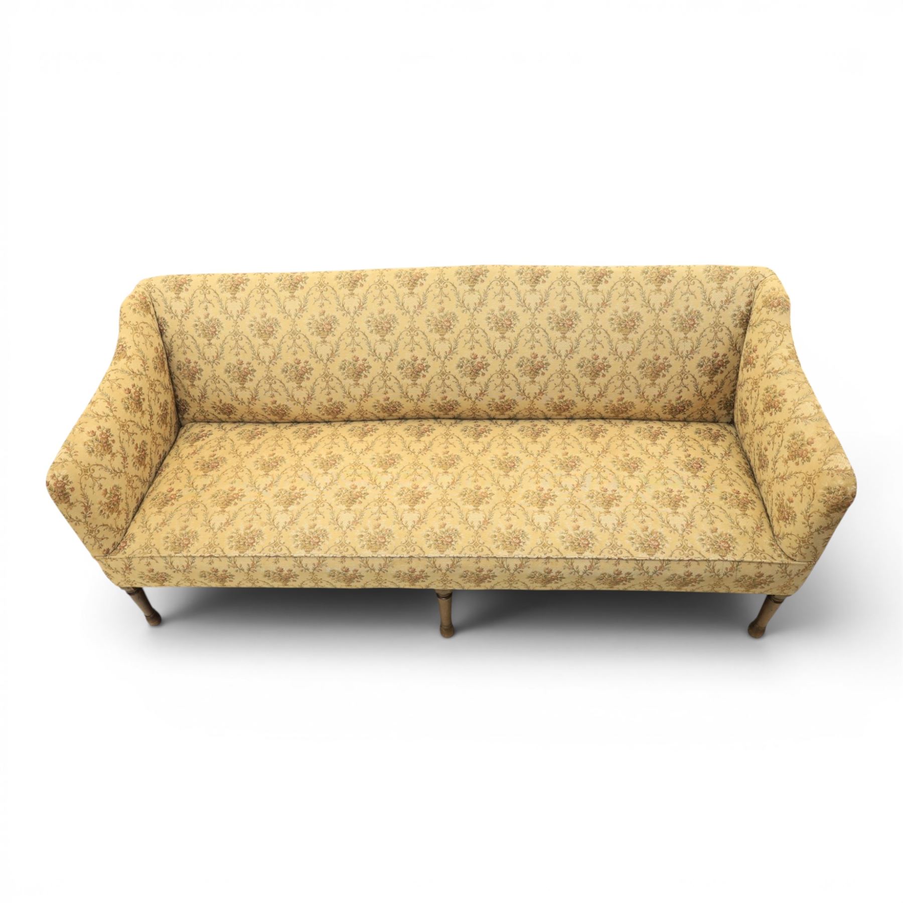 George II mahogany framed settee, beige foliate upholstery with padded sides, downswept arms with sprung seat and back, raised on six turned supports