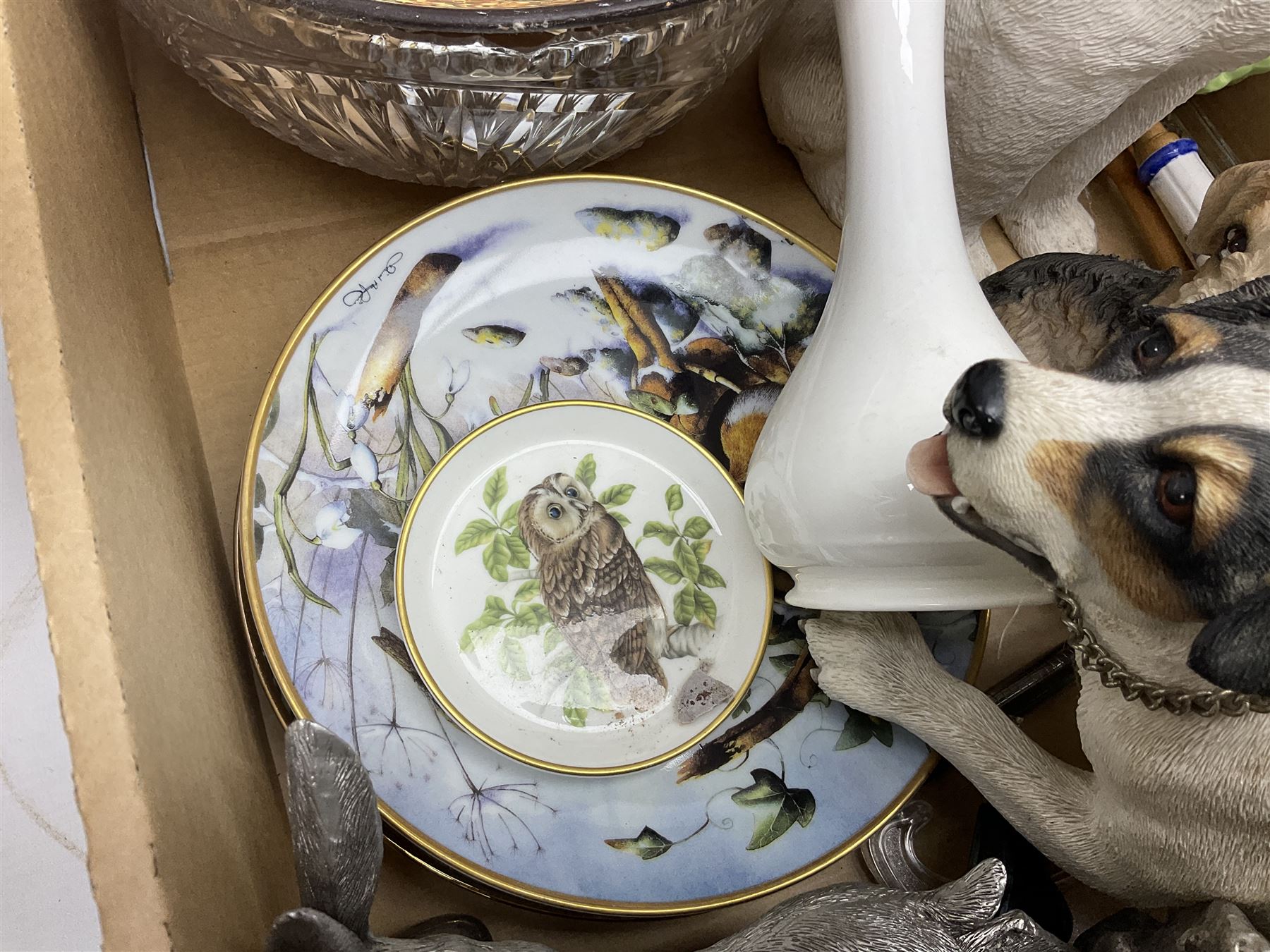 Sylvac green seated dog, together with pair Wade Heath vases, wall charger and other collectables, in two boxes  