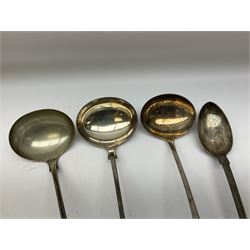 Two silver plated Fiddle pattern soup ladles, a silver plated Old English pattern soup ladle, and a silver plated Kings pattern basting spoon, (4)