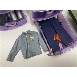 Action Man - five figures marked on the back 'Made in England by Palitoy under licence from Hasbro 1964', one dressed as a German Stormtrooper, one as a Red Devil Pilot and three in army uniform; another similar action figure marked to the right buttock ' G.I. Joe Copyright 1964 by Hasbro Patent Pending Made in Canada' dressed in army uniform; together with an Action Man jeep, field gun, mortar and machine guns and other accessories including helmets and weapons, parachute, diving equipment, skis and snow shoes, boots, uniforms etc; all unboxed