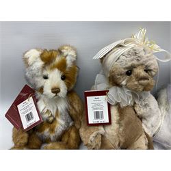Eight Charlie Bears, comprising limited edition example Nina CB171785A, designed by Isabelle Lee, limited to 3000, Nyah CB191931A, designed by Isabelle Lee, Molly CB110310B, designed by Heather Lyell, Mooch CB206025O, and Gallivant CB195197O, each with tags, plus three lacking tags, CB165133, and two small unnamed examples