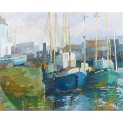 Ethel Blackburn (British 1907-2005): Boats in Scarborough Harbour, oil on board signed wit...