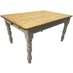 Pine farmhouse kitchen dining table, rectangular top with rounded corners, painted base with turned supports, fitted with drawer to each end 