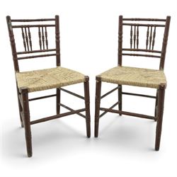 Pair of 19th century lacquered faux bamboo rush seated side chairs chairs, original blue p...