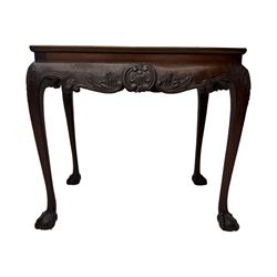 Late 19th to early 20th century mahogany side table, rectangular top with applied raised moulding, curved upper rails carved with C-scroll cartouches and extending curled leaves, bellflower carved cabriole supports with ball and claw feet 