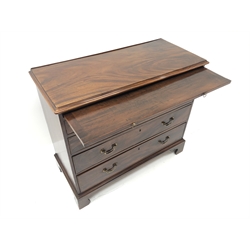  George lll mahogany batchelors chest, moulded top with brushing slide above two short and three long graduated cockbeaded drawers with brass swan-neck handles, on shaped bracket feet, W99cm, D45cm, H86cm  