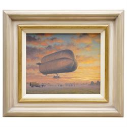 Keith Woodcock (British Contemporary): 'Battlebag - Coast Class Airship - Howden 1917', oil on board signed, artist's labels verso 24cm x 29cm 