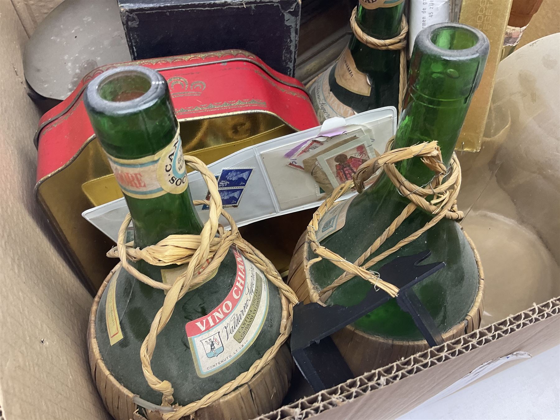 Clear glass demijohn / carboy, four wine bottles with wicker baskets, W T Avery & Co scales, Singer sewing machine, quantity of costume jewellery, trophy stand with silver-plate shields, quantity of vinyl records, stamps etc