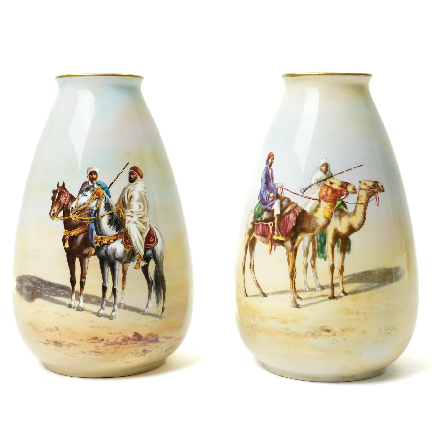 Pair of Tuscan China vases painted with Middle Eastern scenes signed R Haigh H18cm, another in similar subject and two other Tuscan China vases painted with birds