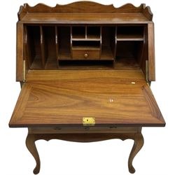 Inlaid hardwood bureau, shaped raised back over fall front inlaid with brass scrollwork, four short over one long drawer, on cabriole supports  