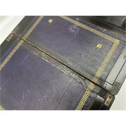 Victorian mahogany writing slope, the brass bound hinged cover opening to reveal tooled leather and gilt interior with two glass inkwells, together with a similar parquetry inlaid writing slope, with central mother of pearl inlay enrgraved 'Sarah', tallest H17cm 