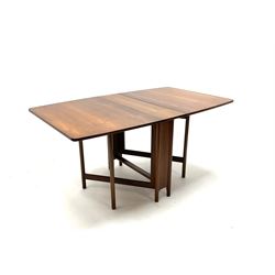 Mid 20th century narrow teak drop leaf table, slide out ‘X’ framed turned supports 