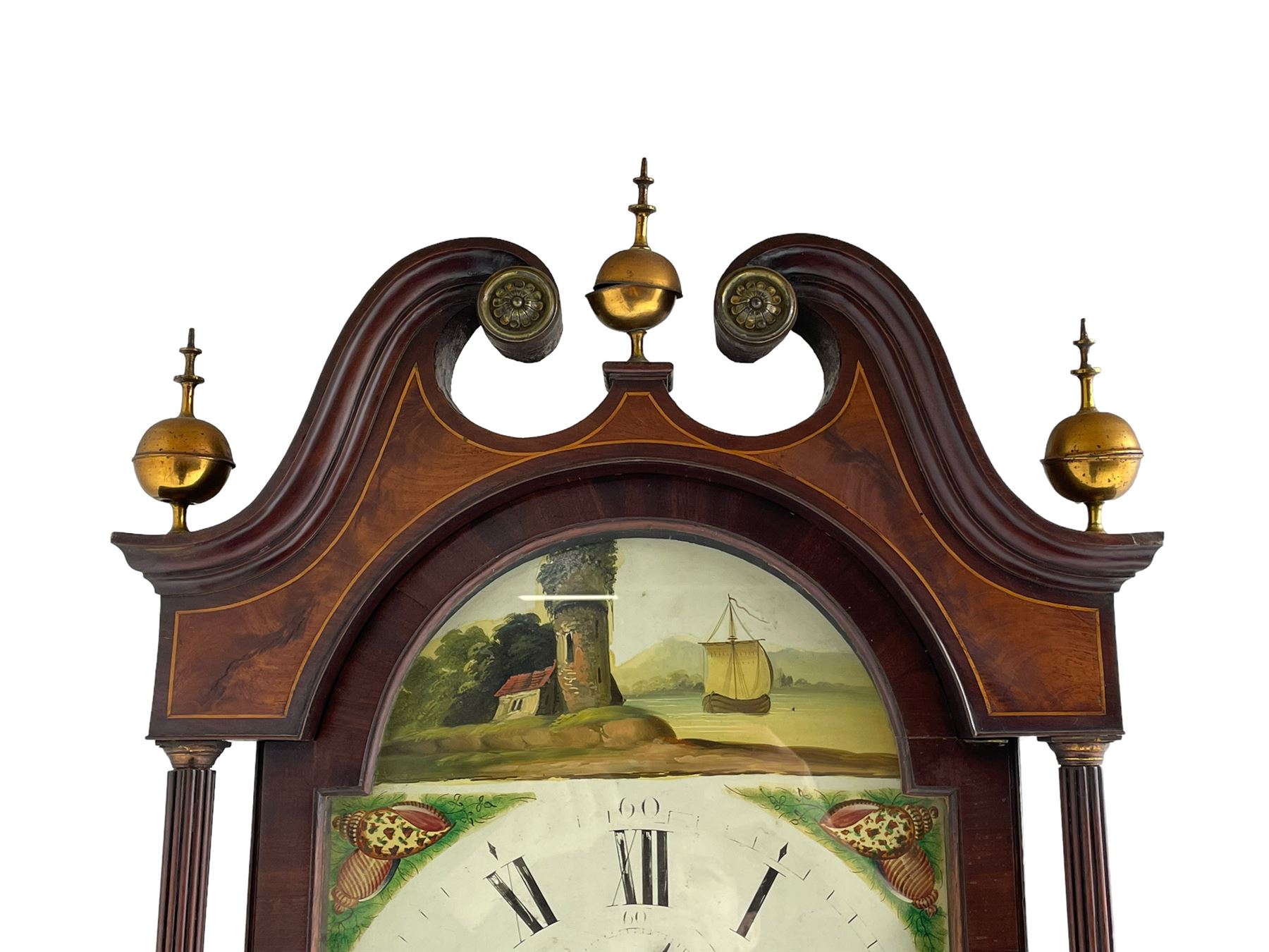 Samuel Ritchie of Forfar - William IV 8-day Scottish longcase clock in a mahogany case, with a swans neck pediment, brass paterae and three ball and spire brass finials, case and trunk inlaid with satinwood stringing on a plinth raised on decorative bracket feet, painted break arch dial depicting a costal scene to the break arch and conch seashells to the spandrels, Roman numerals, subsidiary seconds and date dials with matching steel hands, with a rack striking movement striking the hours on a bell. With weights, key, and pendulum.  Samuel Ritchie is recorded as working in Forfar 1800-37.