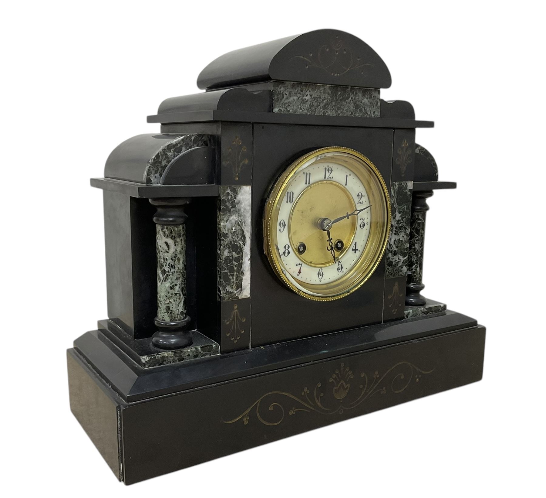 French-  late 19th century 8-day Belgium slate mantle clock c1890, break front case with contrasting variegated marble panels and recessed columns, on a deep stepped plinth with carved incised decoration to the front, dial with an ivorine chapter, Arabic numerals, steel hands and a recessed gilt centre, twin train rack striking movement, striking the hours and half hours on a coiled gong. With pendulum.  