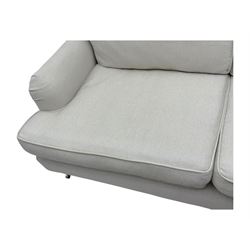 Contemporary sofa.com “Bluebell” two-and-a-half seat sofa, upholstered in pumice house basket weave linen cotton, featuring scroll arms, turned oak legs with bronze castors, and feather and fibre cushion interiors
