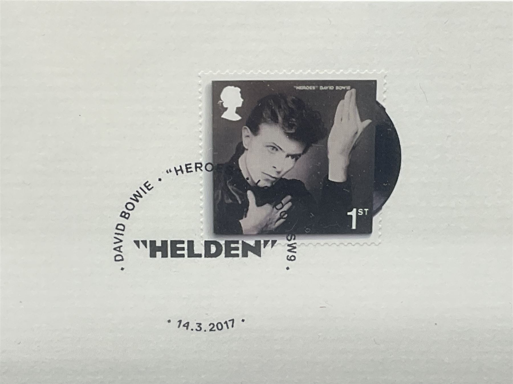 Set of four Royal Mail David Bowie limited edition album stamp prints, comprising Heroes, Ziggy Stardust Tour, Hunky Dory and Let's Dance, all framed and in original packaging, H43cm W43cm