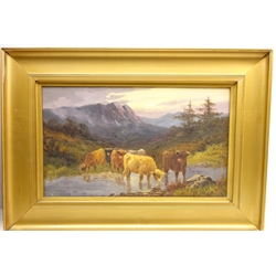  Highland Cattle Watering, oil on canvas signed by Charles W. Oswald British (fl. 1890-1900) 29cm x 49cm   