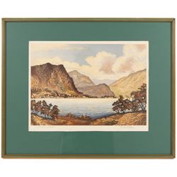 Winston Megoran (British 1913-1971): 'Autumn', coloured etching signed and titled on pencil, 29cm x 34cm; Joseph Frank Pimm (British 1900-1979): 'Derwent Water', coloured etching signed and titled in pencil 25cm x 35cm (2)