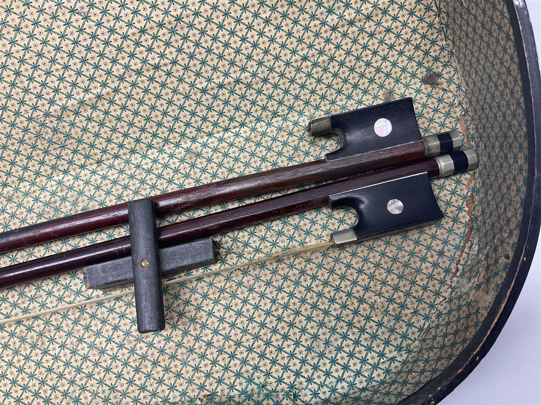 German violin c1900 for re-assembly with 36cm two-piece maple back and ribs and spruce top; L59cm; in ebonised wooden 'coffin' case with two bows