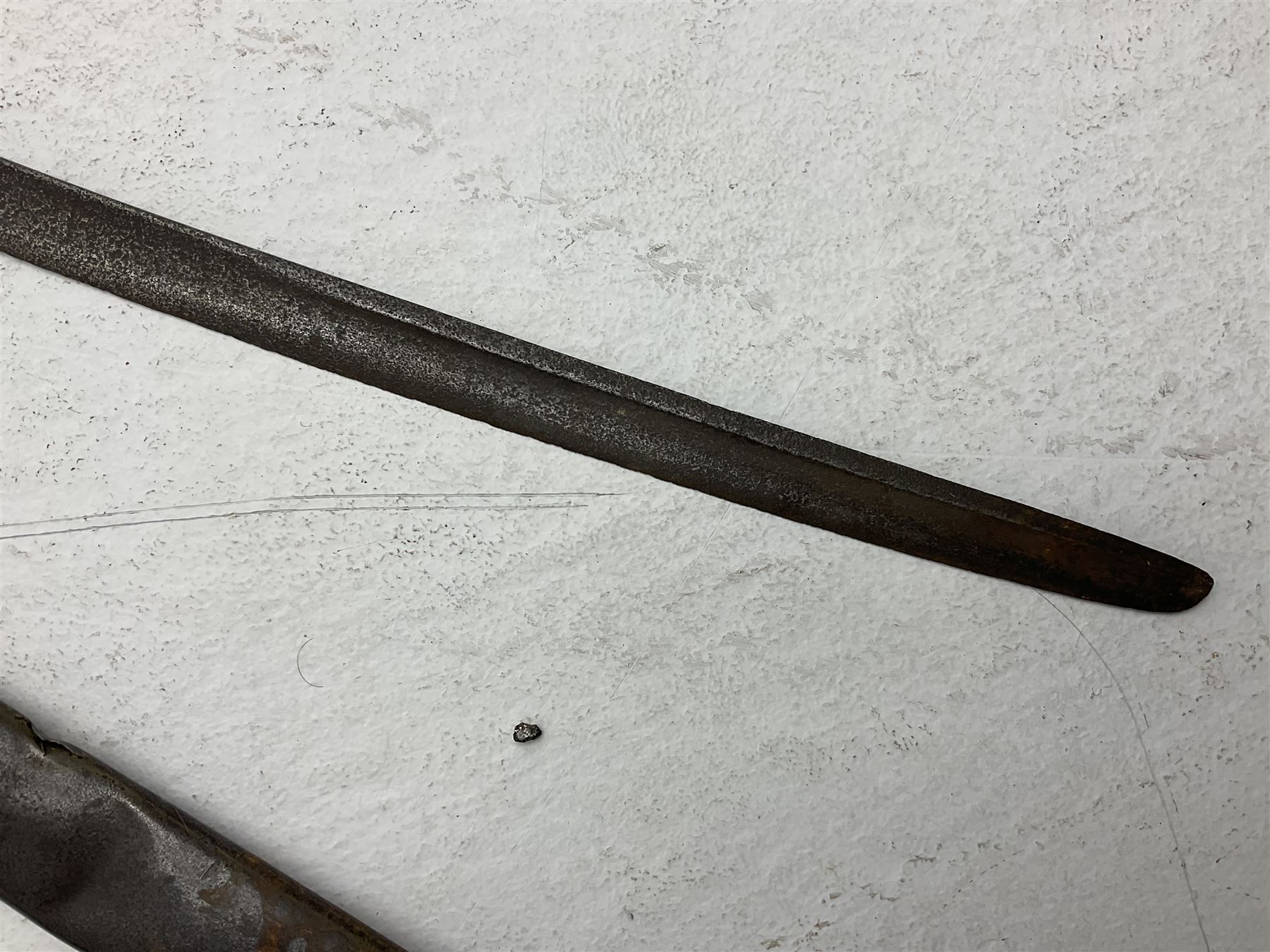 19th century Imperial German army heavy cavalry officers sword by Schnitzler and Kirschbaum, with 89cm single fullered steel blade and sheet steel basket hilt with teardrop cut-out and wire-bound leather grip L107.5cm overall; in steel scabbard with two suspension rings; and British Army 1822 Pattern Infantry Officer's sword in associated scabbard (2)