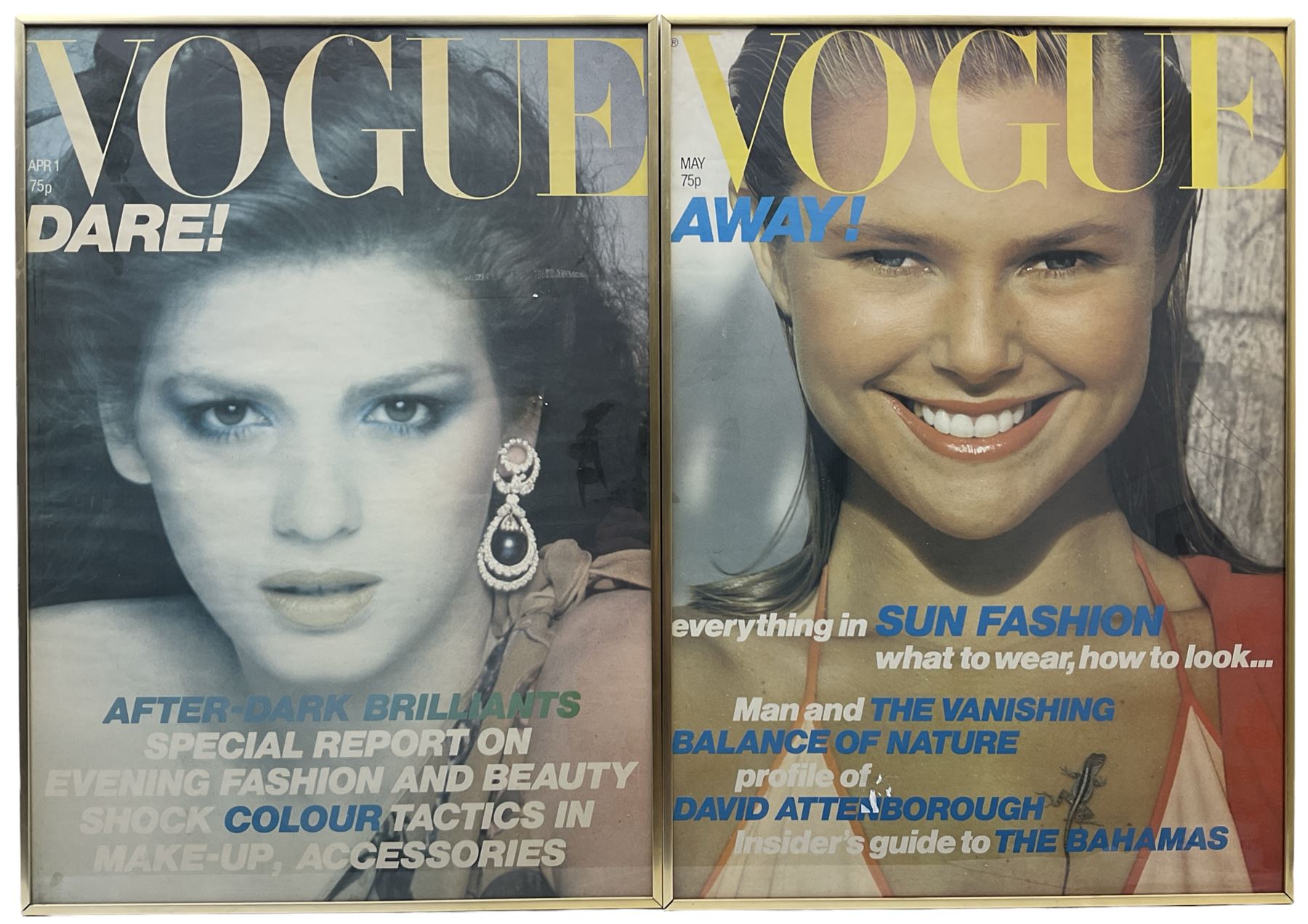 Vintage British Vogue Magazine Cover Posters from Feb, March, April & May 1979, Dec 1980, Jan 1981 with cover shots of Gia Carangi, Christie Brinkley, Tara Shannon, Janice Dickinson, Marilyn Clark and Charlotte Rampling 67cm x 48cm (6)