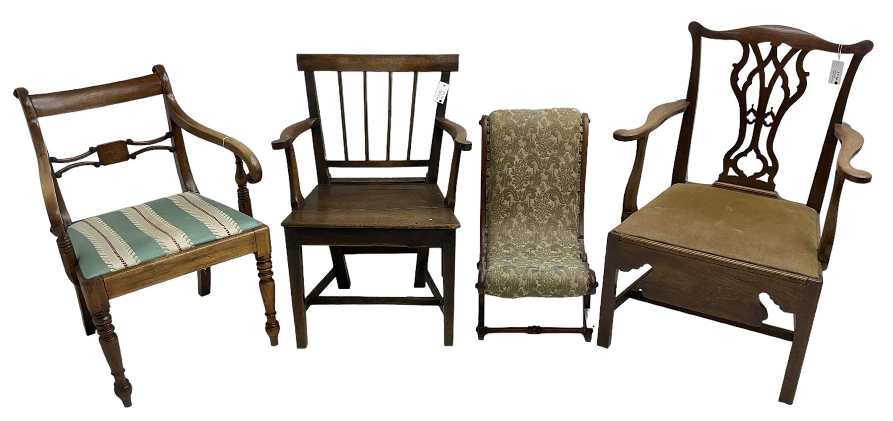 George III walnut elbow chair, bar back over upholstered drop-in seat, scrolled down sweeping arms, on turned front supports (W59cm, H84cm); George III mahogany commode elbow chair, shaped cresting rail over pierced Gothic splat, hinged seat revealing commode, on moulded square supports united by H-shaped stretchers; 19th century country elm elbow chair, rectangular bar back over vertical moulded rails,  plank seat, on square tapering supports united by H-shaped stretchers; Victorian mahogany child's chair, S-scroll form upholstered in foliate pattern fabric (4)