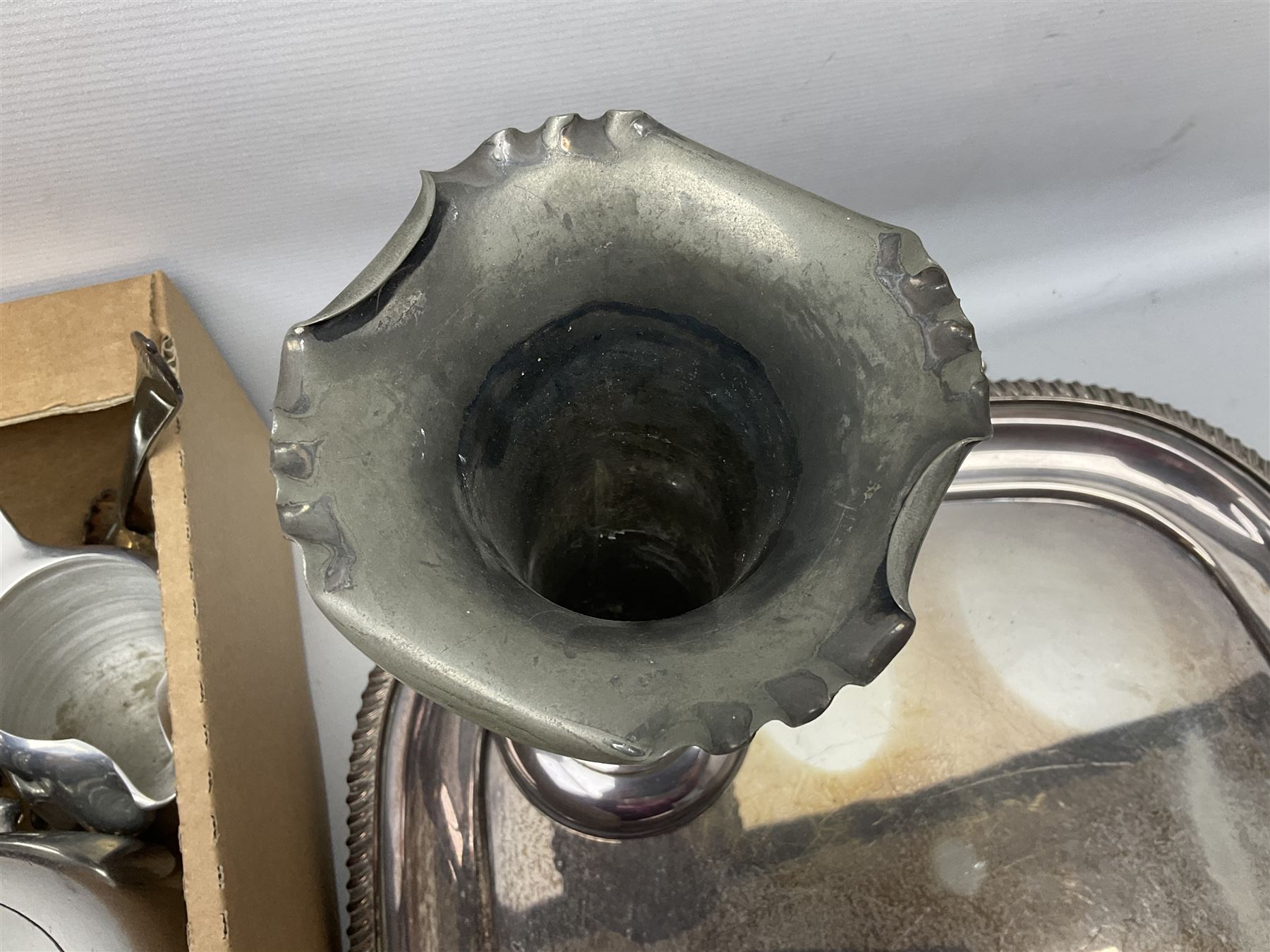 Collection of silver plate to include teapots, coffee pots, milk jug, sucrier, serving spoons, etc, together with pewter tankards 