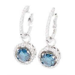 Pair of 14ct white gold diamond cluster earrings, each diamond hoop, suspending a detachable pendant set with a single fancy blue diamond, surrounded by a halo of round brilliant cut white diamonds, stamped 585, total blue diamond weight approx 1.10 carat