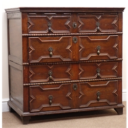  William and Mary style oak two section chest, lift top with dummy drawer front above three graduating drawers with moulded panel front, bracket supports, W96cm, H97cm, D94cm  