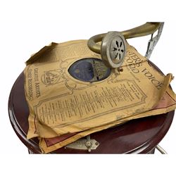 His Master's Voice table top wind up gramophone on a circular wooden base, with brass horn, H72cm, Horn D43cm. 