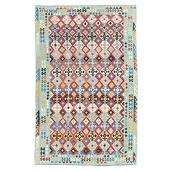 Kilim pastel ground rug, the field decorated with repeating multicoloured geometric diamond motifs, enclosed within matching geometric borders