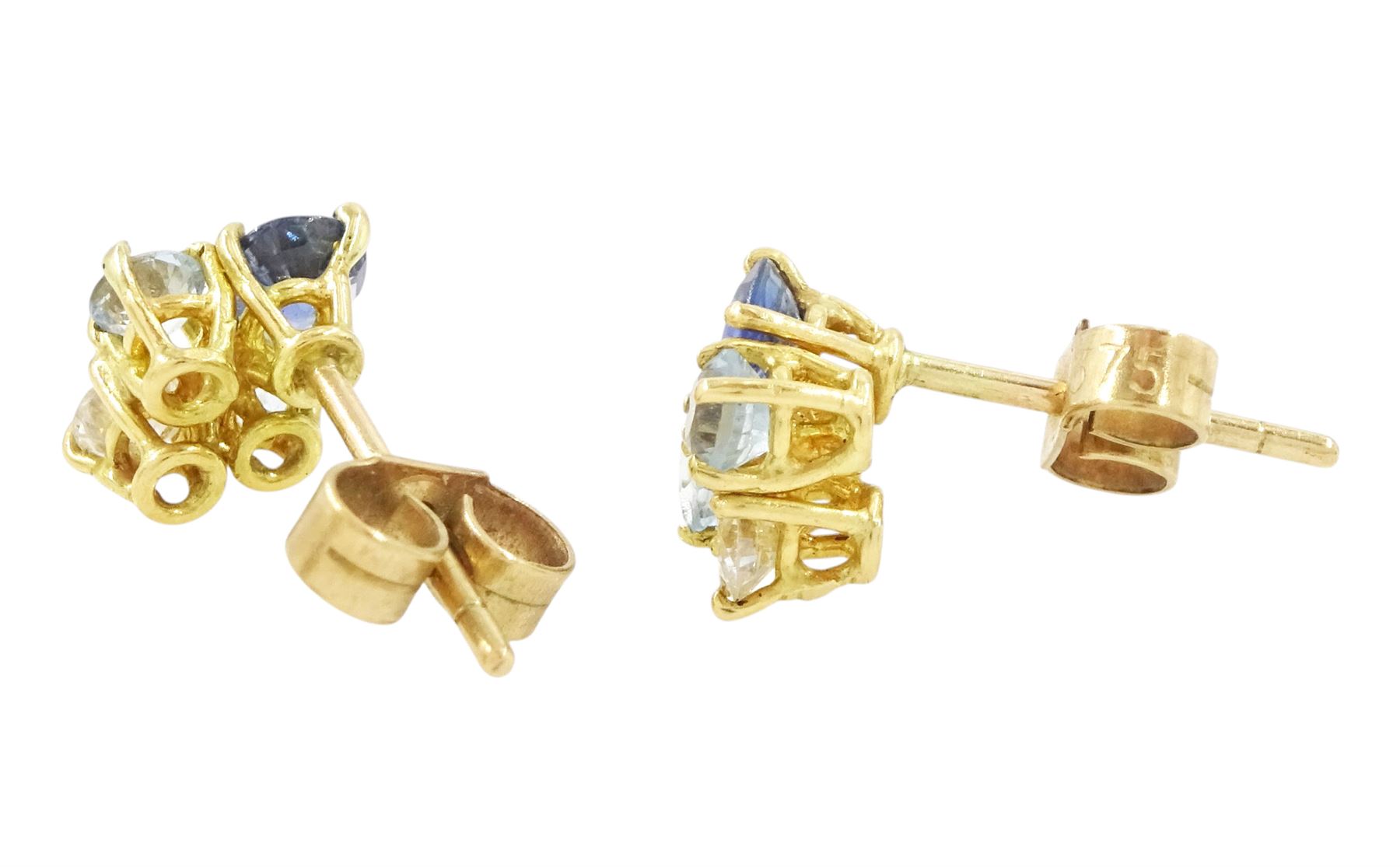 Pair of gold aquamarine, sapphire and diamond earrings, each stud set with a single sapphire, round brilliant cut diamond and two aquamarines, total diamond weight approx 0.20 carat