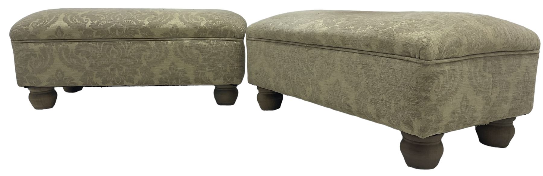 Traditional design three-piece lounge suite - three-seat sofa (W220cm, H90cm, D90cm); two armchairs (W115cm); and two footstools (77cm x 43cm, H31cm); upholstered in cream damask fabric