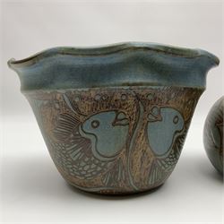 John Egerton (c1945-): studio pottery stoneware vase, decorated with fish upon a mottled blue ground, together with a wall planter decorated with fish, both signed, vase H15cm  