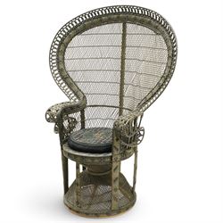 Mid-20th century wicker and rattan Peacock chair in unusual tones of dark olive and black,...