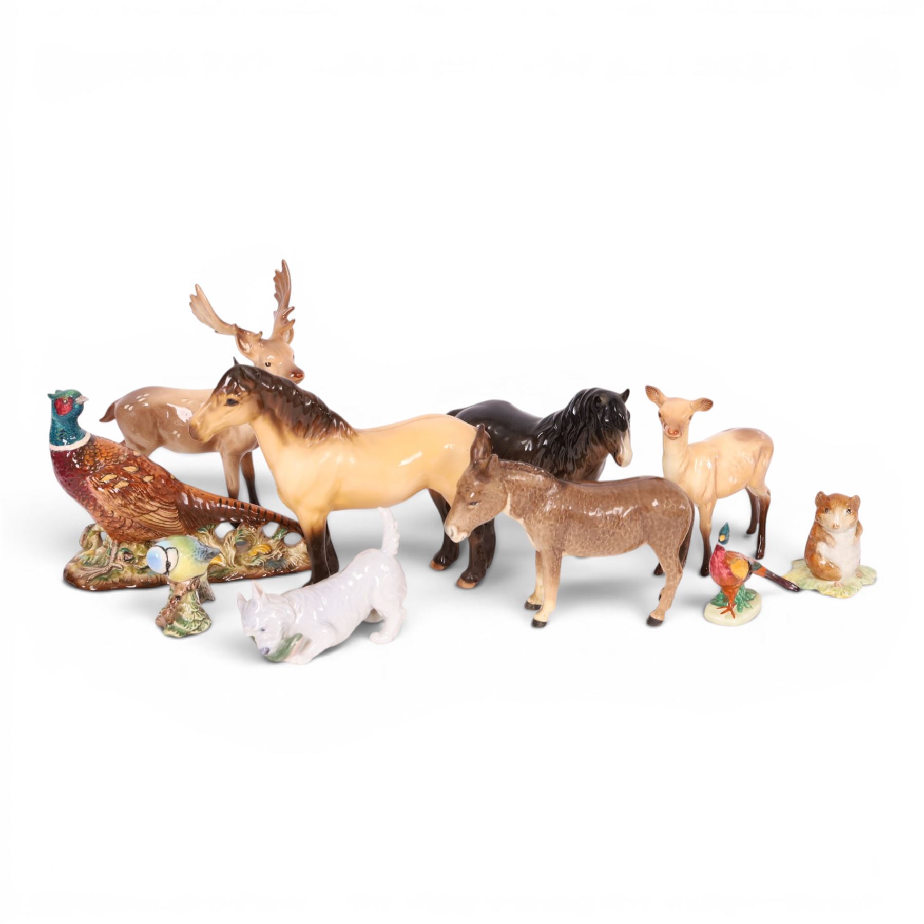 Collection of Beswick figures, including Highland horse, pheasant, deer, stag, etc, together with Royal Copenhagen dog 