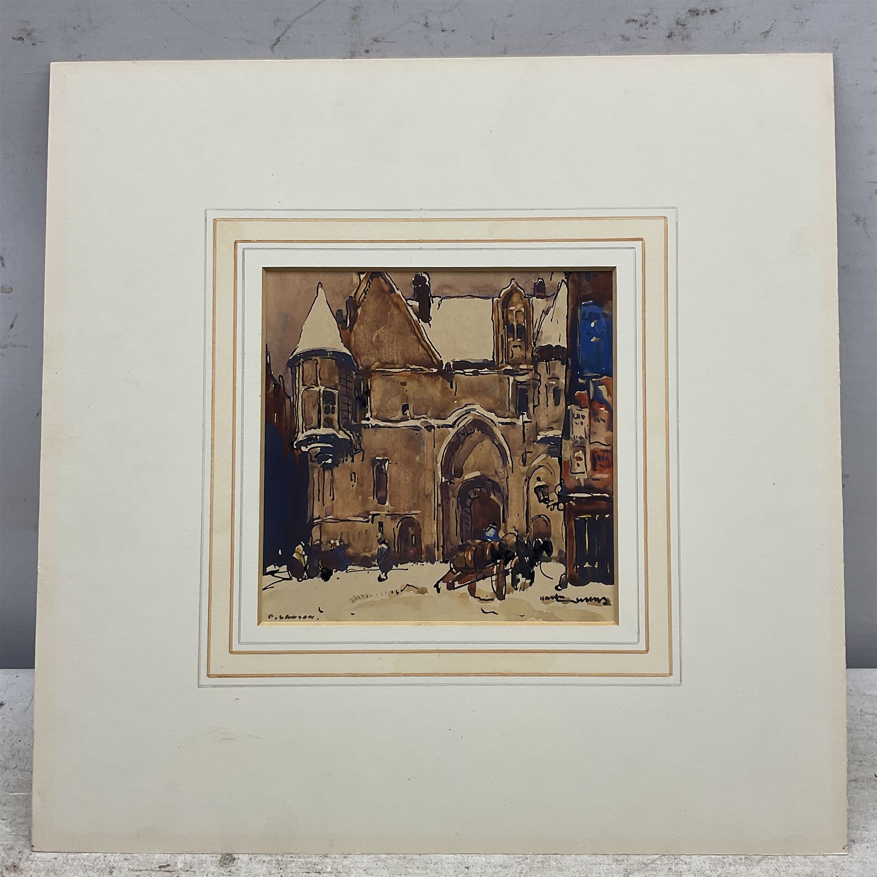 Frederick (Fred) Lawson (British 1888-1968): Snow on the Hôtel de Sens - Paris, gouache and watercolour signed 12.5cm x 12.5cm 