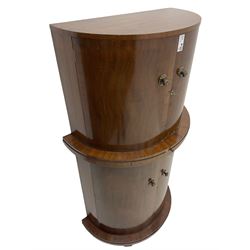 1930s Art Deco walnut demi-lune cocktail cabinet, enclosed by four curved doors, the upper section with mirrored interior, glass shelf and glass holders, the lower section fitted with shelves and bottle holders