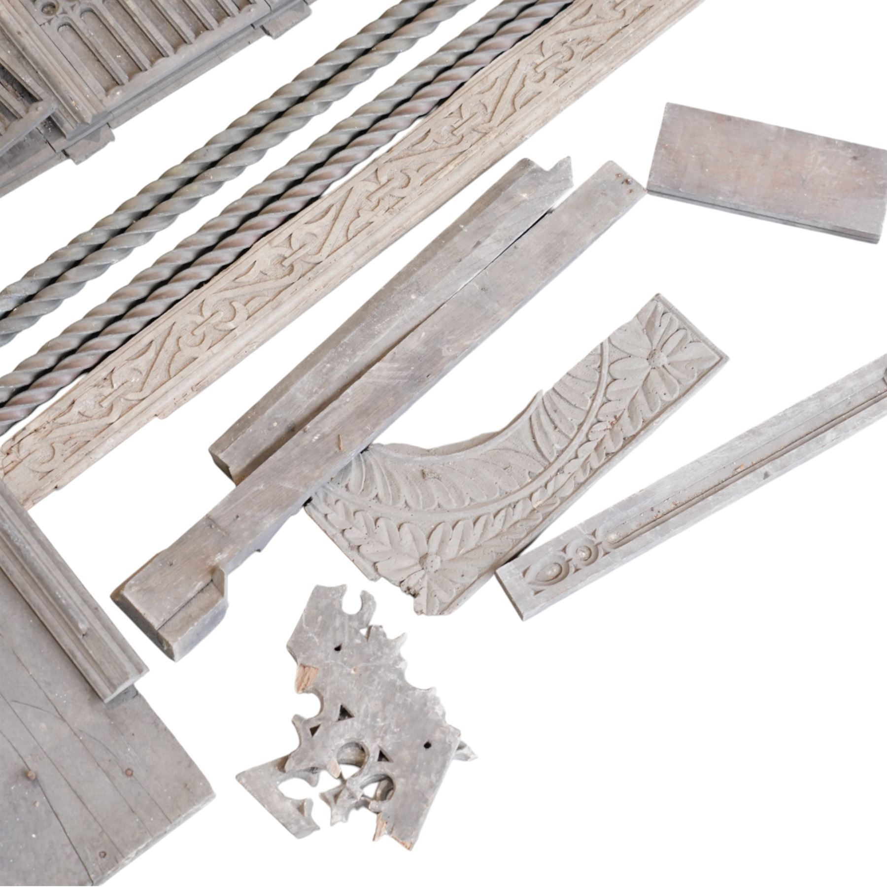 Architectural Salvage - Quantity of 19th century oak church panels including gilt decorated statue stand, carved fret work rails, confessional door with carved uprights etc
Notes: Removed in the 19th century from the church in the grounds of a private Yorkshire estate 
Provenance: property of a Nobleman