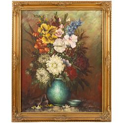English School (20th century): Still Life with Chrysanthemums, oil on canvas signed W Laro 49.5cm x 39.5cm
