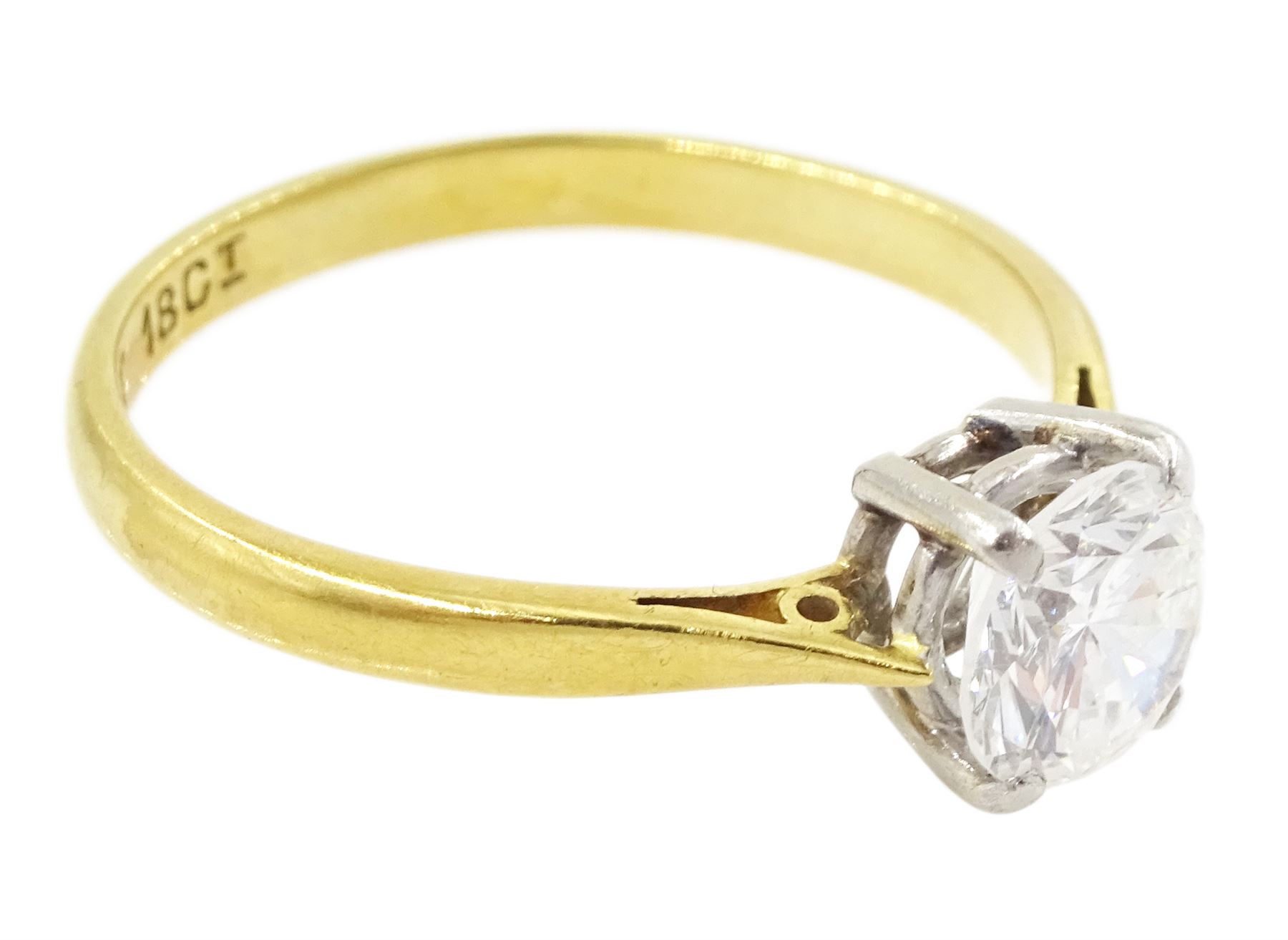 Gold single stone round brilliant cut diamond ring, stamped Plat 18ct, diamond approx 0.90 carat