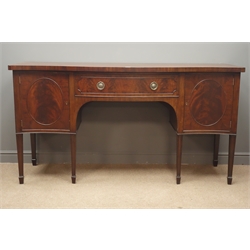  Early 20th century mahogany serpentine sideboard, fitted with centre drawer and two cupboards, W184cm, D62cm, H97cm  