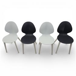 Calligaris - Connubia dining suite, comprising a 'Zeffiro' glass extending dining table and eight 'Academy' chairs, rectangular clear glass top with twin extension leaves extending to 220cm, mounted on white and ochre metal supports with central stretcher, together with eight matching moulded dining chairs with shaped seats and tapered legs