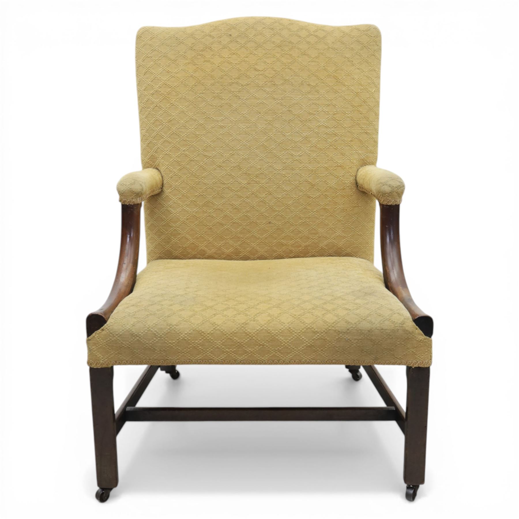 20th century Gainsborough style open armchair, upholstered in patterned fabric, the chair with shaped padded back and scroll arms on moulded frame