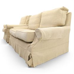 Wesley Barrel - two seater sofa and matching armchair,with scrolled arms and loose cushions, beige chenille fabric, raised on castors  (Armchair: H 100cm, D 100cm, W 87cm)