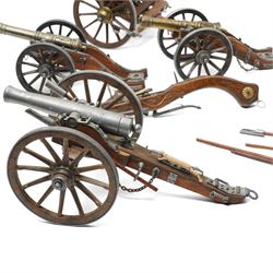 Six scale wood and metal models of cannons, length of longest 32cm together with a gun carriage and model crossbow