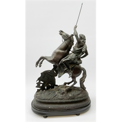 After Theodore Doriot, 19th century spelter figure of a barbarian warrior with spear and sword on a rearing horse, with battle trophies on the naturalistic base, H64cm including later ebonised wooden base